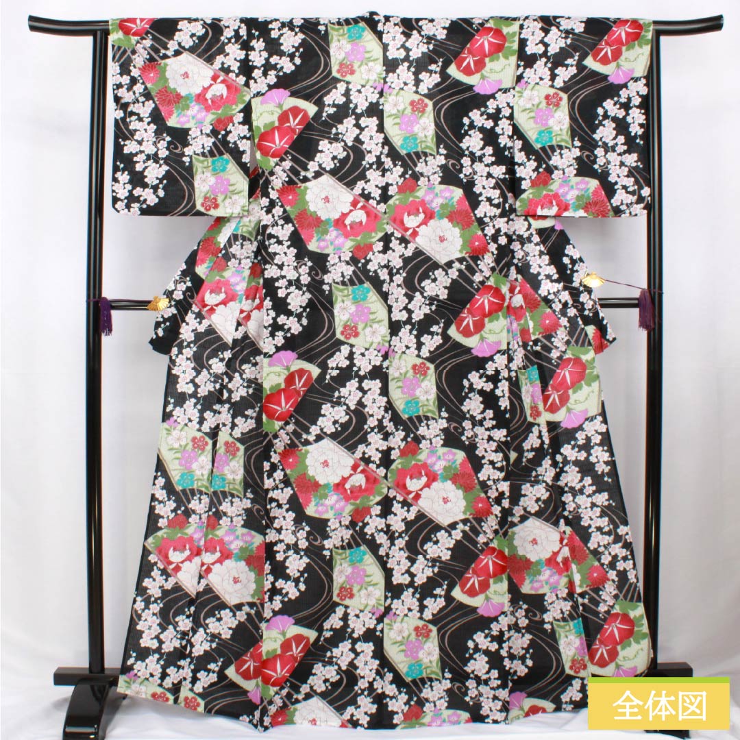 浴衣 木綿 身丈167cm 裄丈64cm Sランク 単衣 黒系 竪絽（たてろ） 総花 扇面 1118006262510