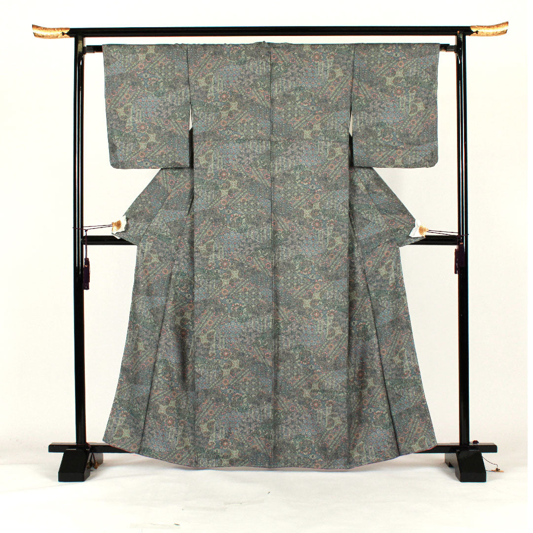 小紋 身丈160cm 裄丈66cm 袷  菱形に花 ポリ Sランク 青系 1115000942417