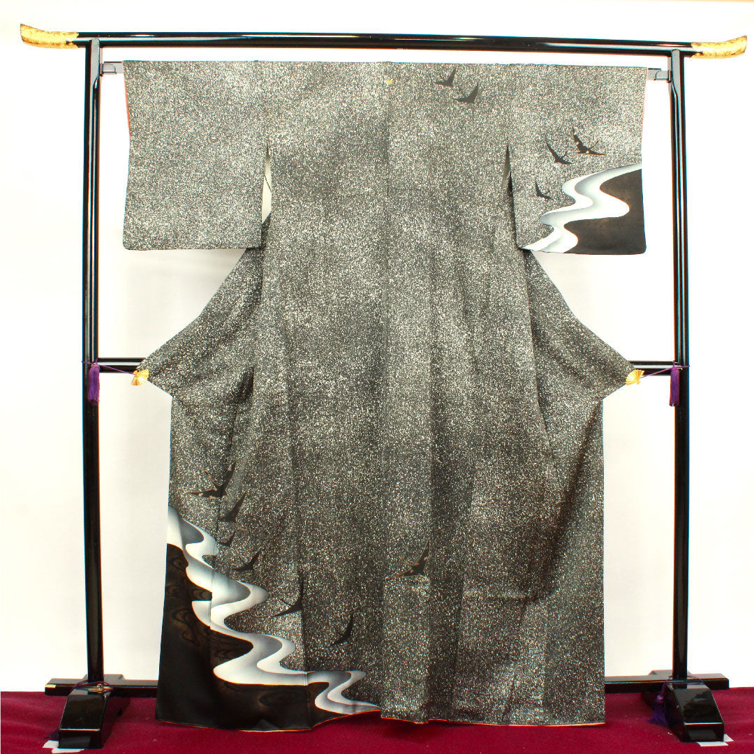 訪問着 袷 身丈165cm 裄丈65cm タタキ染 鶴 五三桐 正絹 Sランク 黒系 1112002592510