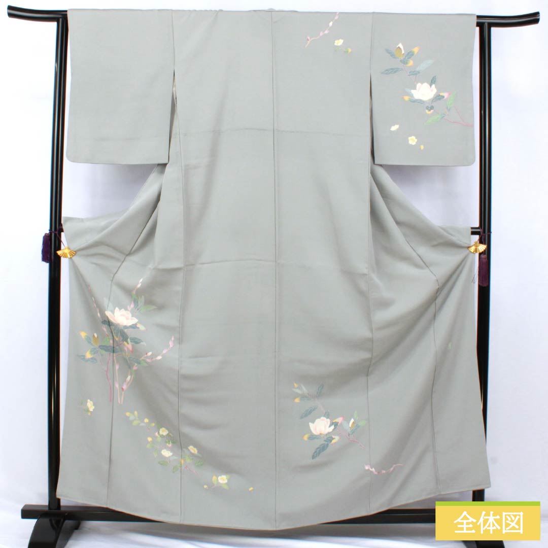 Visiting Kimono, Pure Silk, Grade A, Lined, Length 160.5cm, Sleeve Length 63cm, Kaga Yuzen, Floral Design, Artist's Work, Tsukesage, Gray, Product Number: 1112006933422