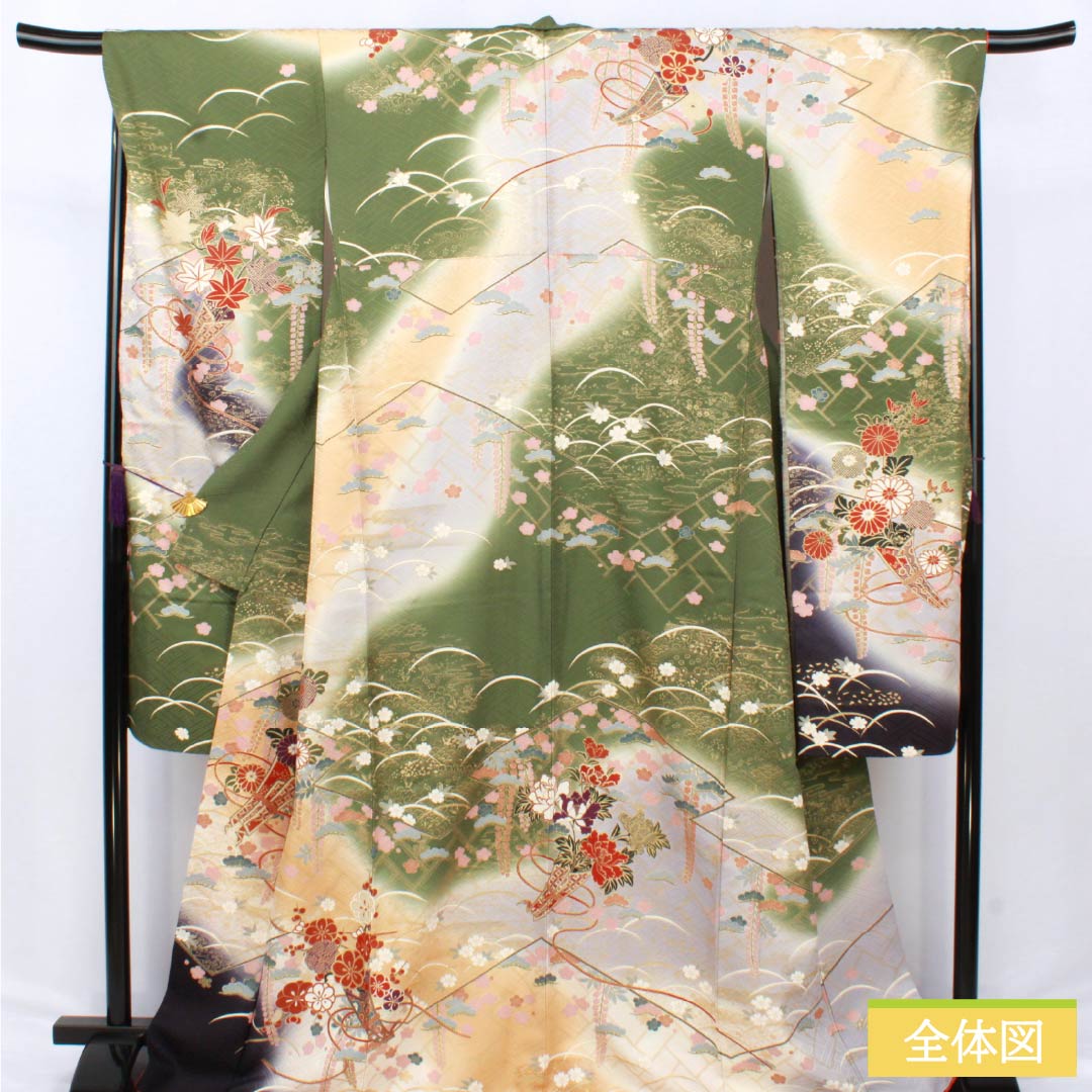 振袖 正絹 Aランク 身丈170.5cm 裄丈68.5cm 袷 山鳩色（やまばといろ） 京友禅 吉祥文様 梅 松 緑系 1113002173619