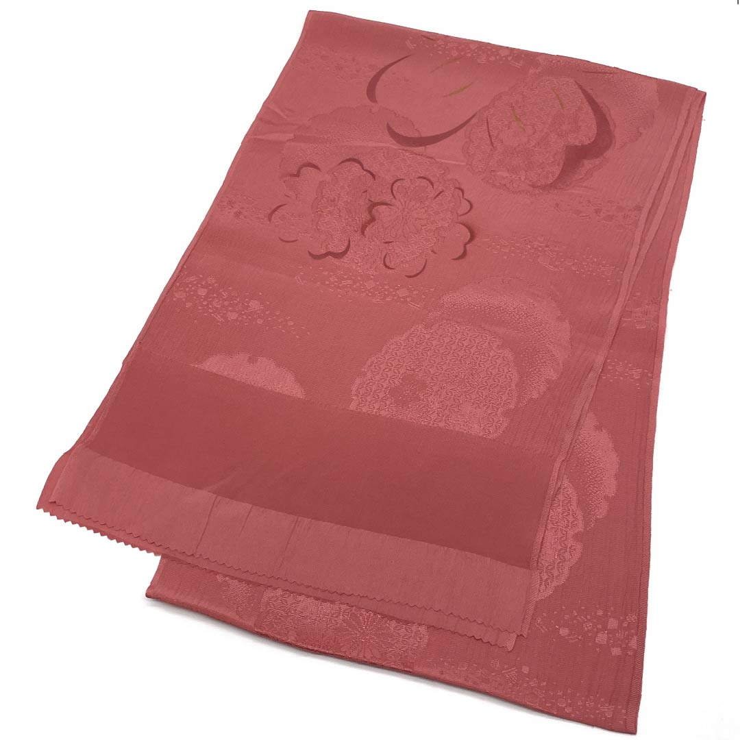 （新古品） 帯揚げ 正絹 フォーマル 紅梅色（こうばいいろ） 雪輪 桜 七宝 長さ約168cm 幅約30cm Sランク ピンク系 1136000212913