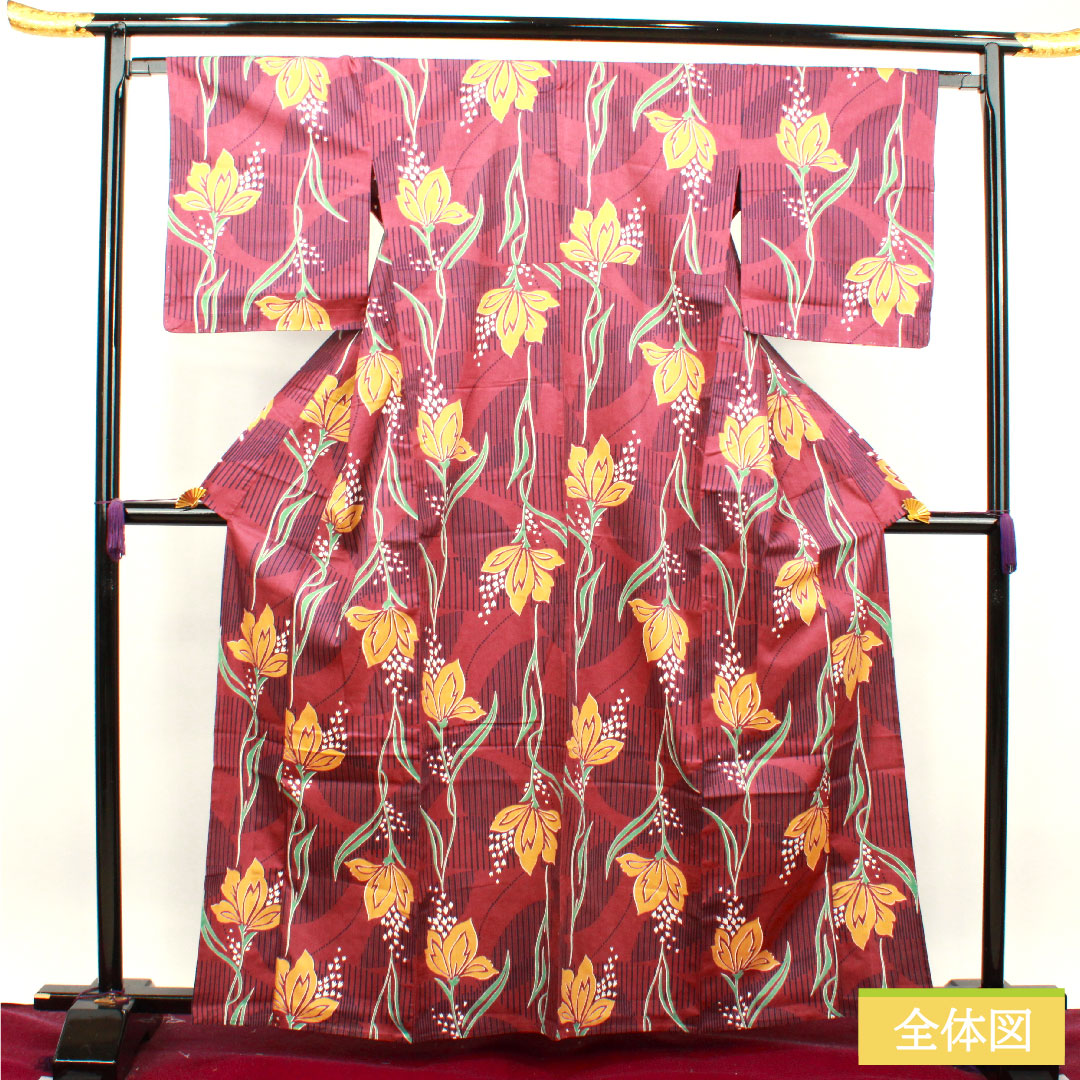 浴衣 木綿 身丈163cm 裄丈66cm Bランク 単衣 赤系 葡萄酒色（ぶどうしゅいろ） 抽象花 1118004774412