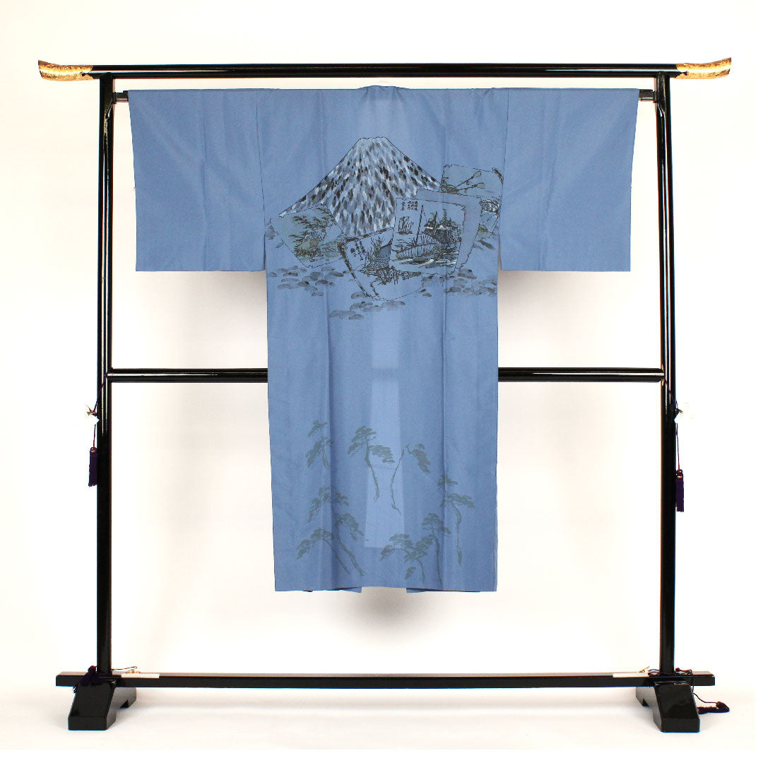 長襦袢 ポリエステル 身丈133cm 裄丈69cm 単衣 男物 富士山 Sランク 青系 1129000012117