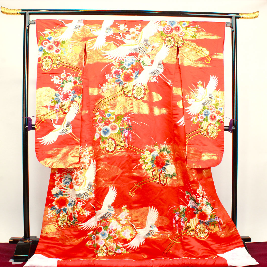 色打掛 身丈185cm  緋色 刺繡 花車 鶴 正絹 Bランク 袷 朱系 1110000264916