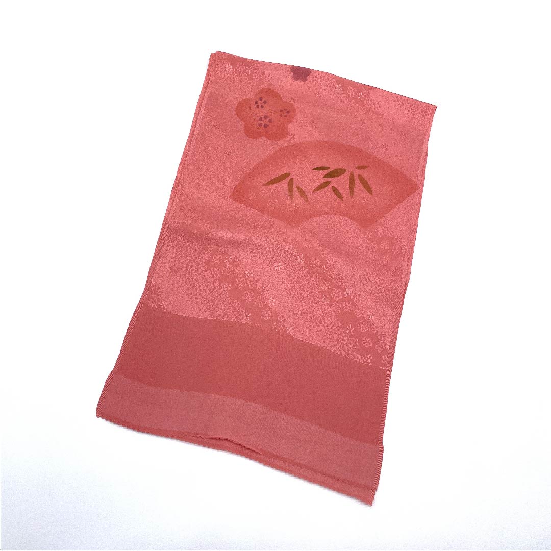 (New old stock) Formal obiage, pure silk, pinkish red, plum, bamboo, fan-shaped, length 179cm, width 30cm, S rank, pink, 1136000222913