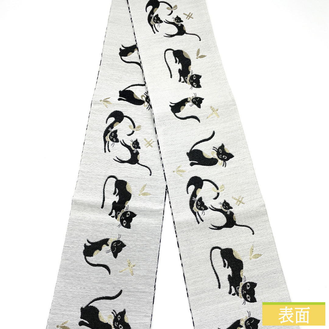（新品未使用品）半幅帯 正絹 NEWランク 雲井鼠色（くもいねずいろ） ネコ 抽象柄 ゼブラ柄 リバーシブル 全通 帯丈460cm グレー系 1125002281422