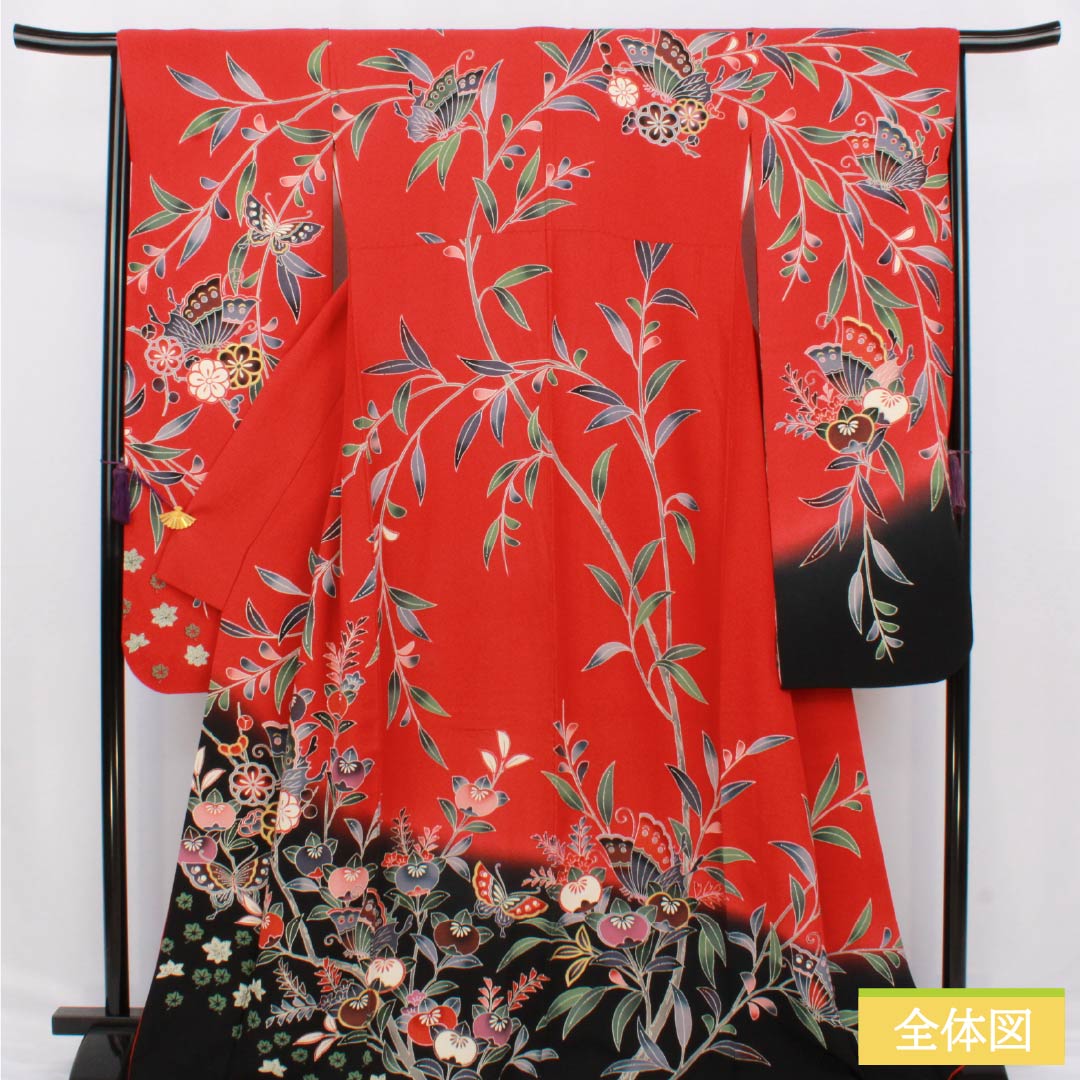 振袖 正絹 Sランク 身丈167cm 裄丈66cm 袷 赤色（あかいろ） 京紅型 吉祥文様 蝶 橘 赤系 1113002322512