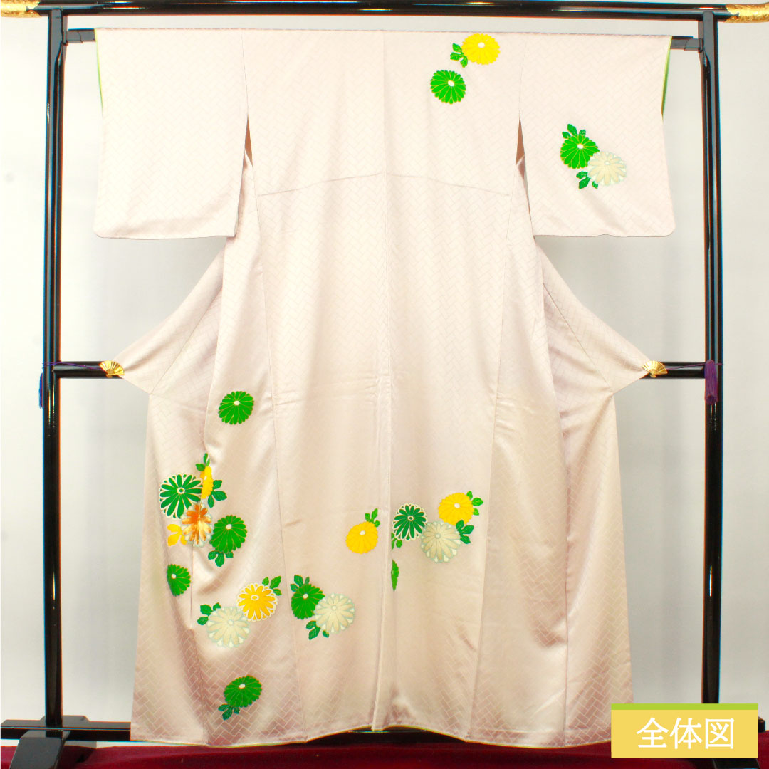 訪問着 正絹 袷 身丈160cm 裄丈64.5cm 薄桜色（うすざくらいろ） 京友禅 菊 Sランク ピンク系 1112004332413