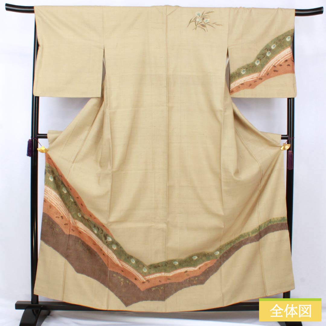 訪問着 正絹 Bランク 袷 身丈160cm 裄丈68cm 亜麻色（あまいろ） 生紬 桶絞り 乾山絞り 伝統工芸作家 吉澤与市 ベージュ系 1112007414425