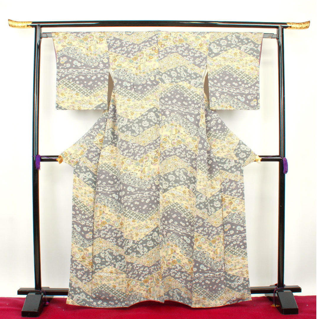 小紋 身丈160.5cm 裄丈62cm 袷 燻銀色 麴色 京紅型  正絹 Aランク グレー系 1115002453422