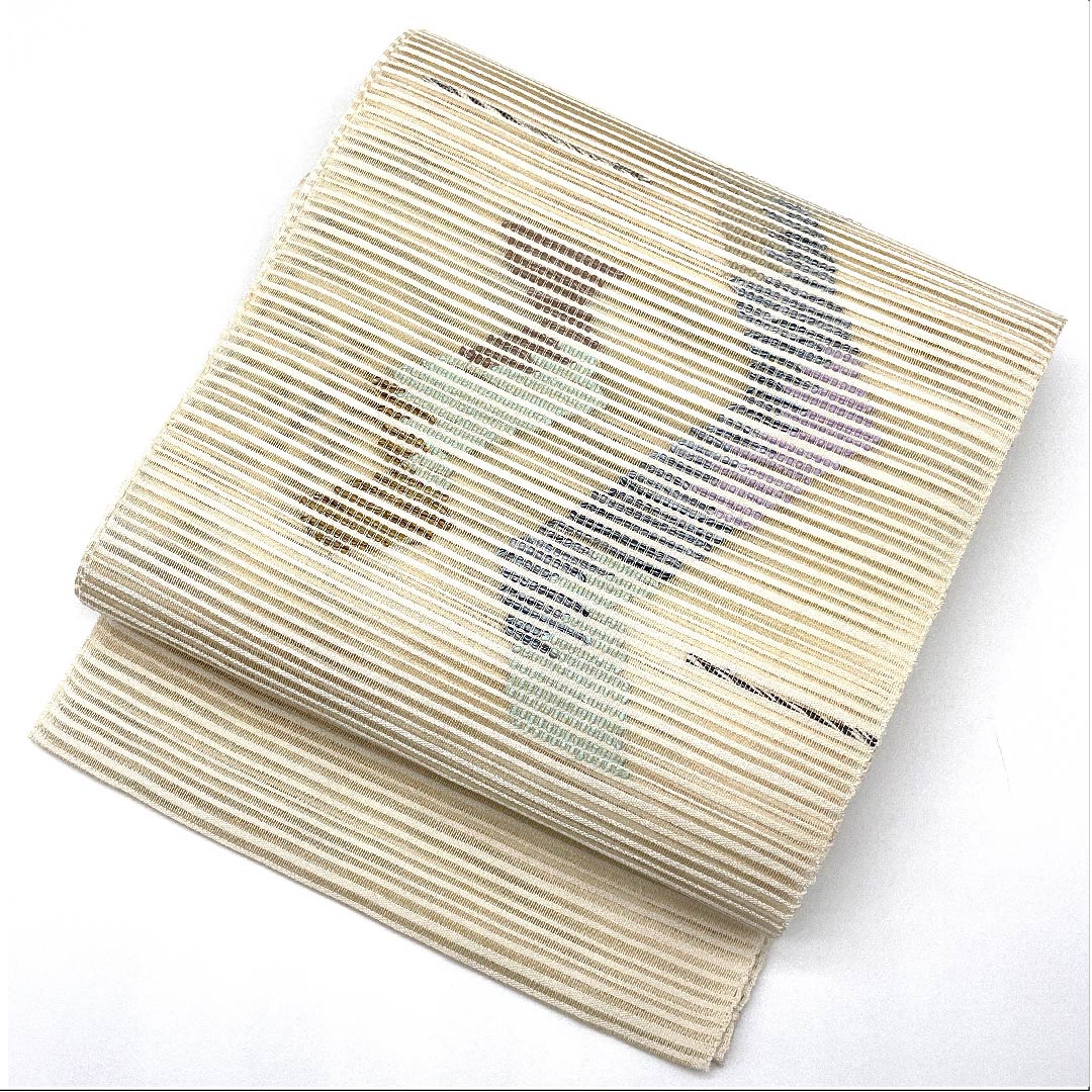 名古屋帯 生成り色 夏帯 絽 抽象模様 西陣織 帯丈376cm 正絹 Sランク ポイント柄 カジュアル クリーム系 1124003882315  開き仕立て