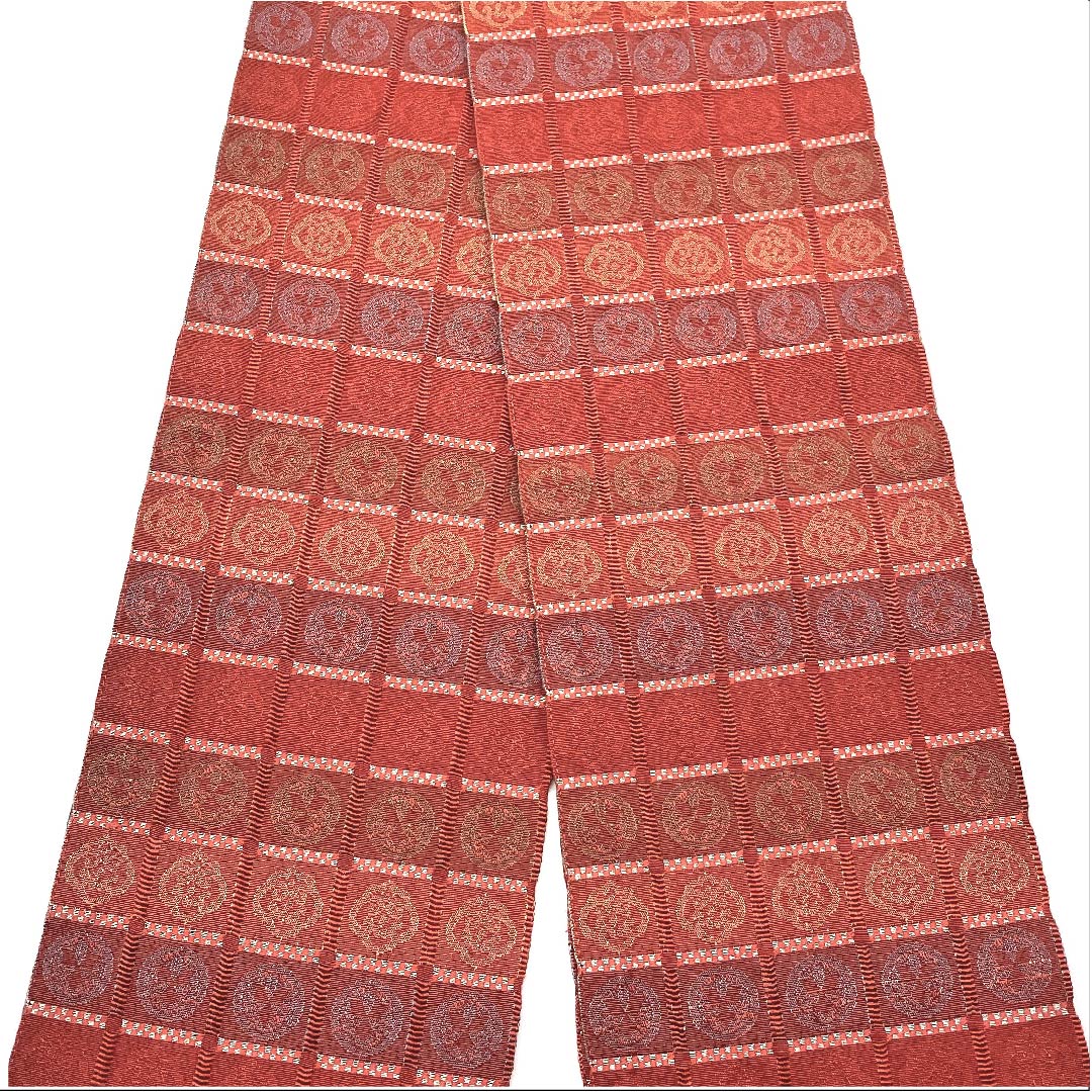 （未仕立）半幅帯 緋銅色色（ひどうしょくいろ） 市松 丸紋 帯丈330cm 木綿 朱系 Sランク 1125000382916