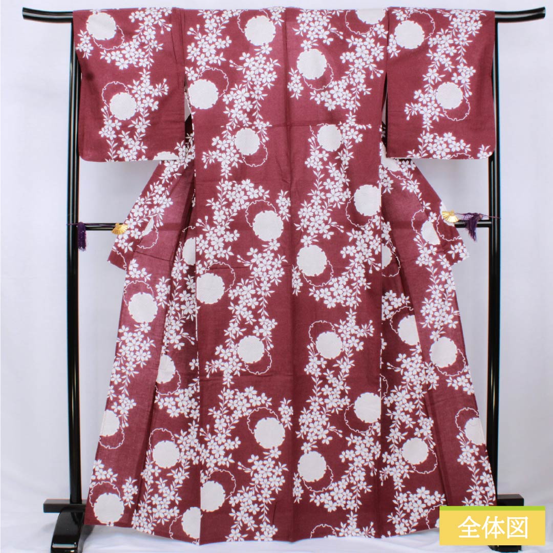 浴衣 木綿 身丈166cm 裄丈65cm Sランク 単衣 紫系 赤紫色（あかむらさきいろ） 雪輪 桜 1118006302520
