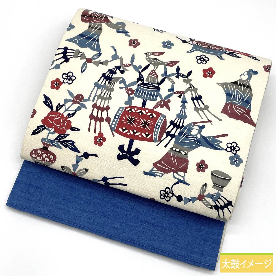 名古屋帯 正絹 Bランク 生成り色（きなりいろ） 型染 紅型調 演舞 帯丈366cm 六通 カジュアル クリーム系 1124010534315 開き仕立て