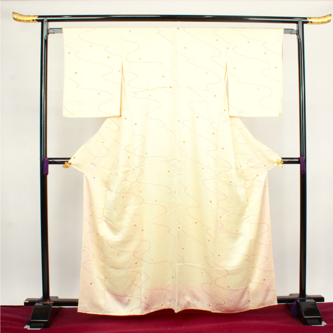 小紋 身丈162cm 裄丈60.5cm 袷  練色 絞り 抽象模様  正絹 Aランク クリーム系 1115003063415