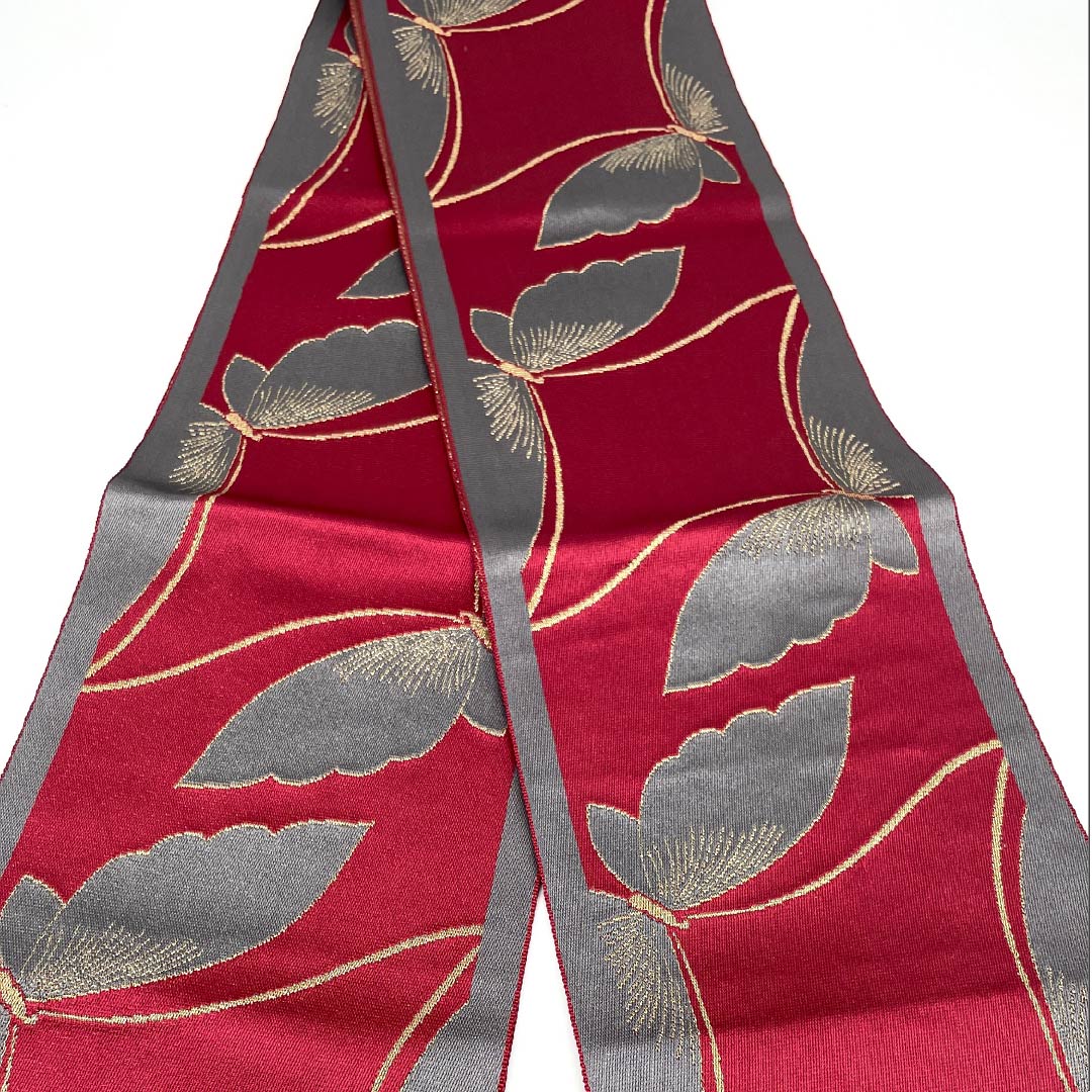 半幅帯 ポリエステル ワインレッド色 蝶 帯丈344cm 紫系 Aランク 1125001743320