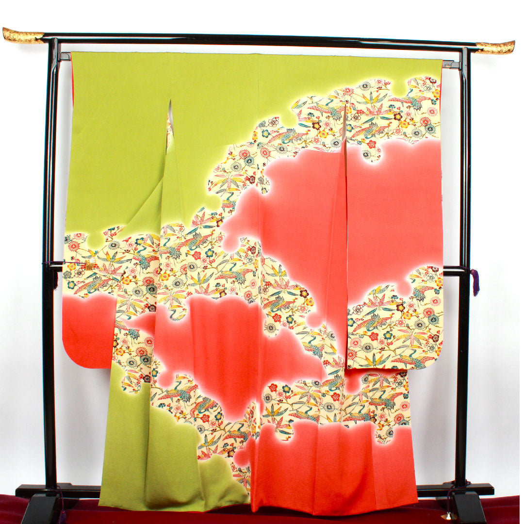振袖 身丈162cm 裄丈65cm 袷  青丹色 京紅型 吉祥文様  正絹 Sランク 緑系 1113000872419