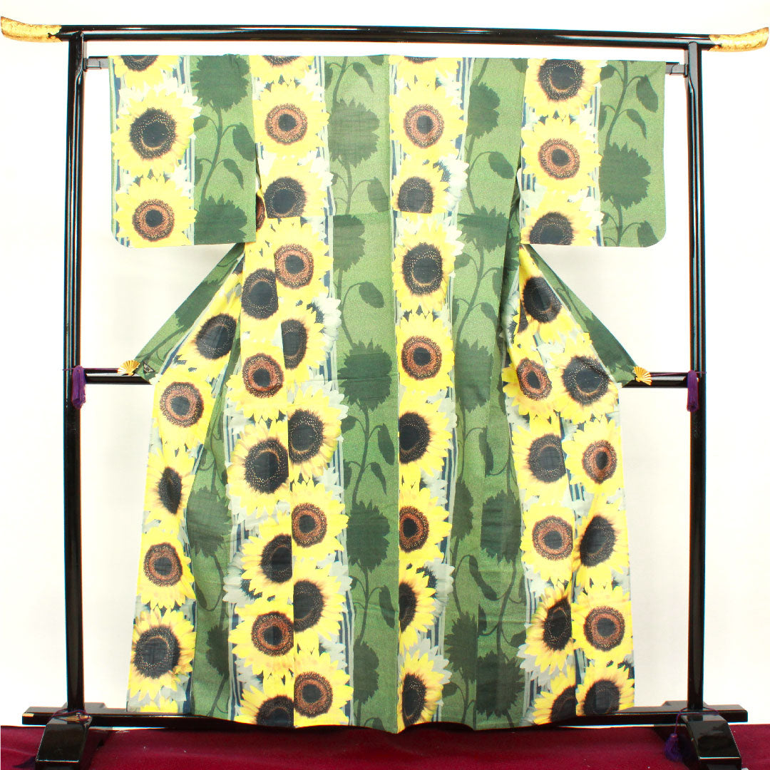 浴衣 しつけ糸付き 未使用品 向日葵 木綿 Sランク 単衣 身丈159cm 裄丈66cm グラデーション系 1118002032399