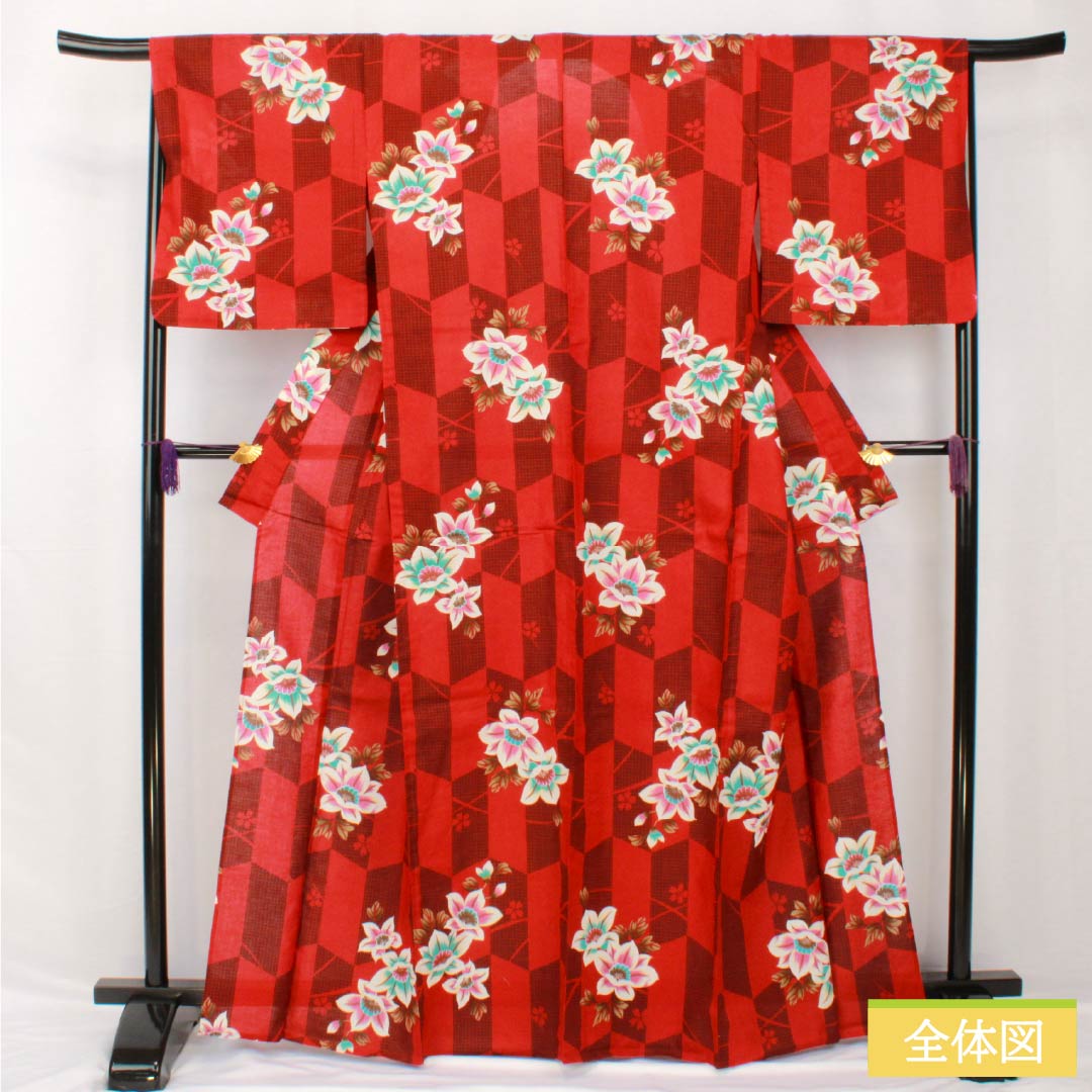浴衣 木綿 身丈165.5cm 裄丈67.5cm Sランク 単衣 赤系 赤紅色（あかべにいろ） 矢絣 花 1118005482512