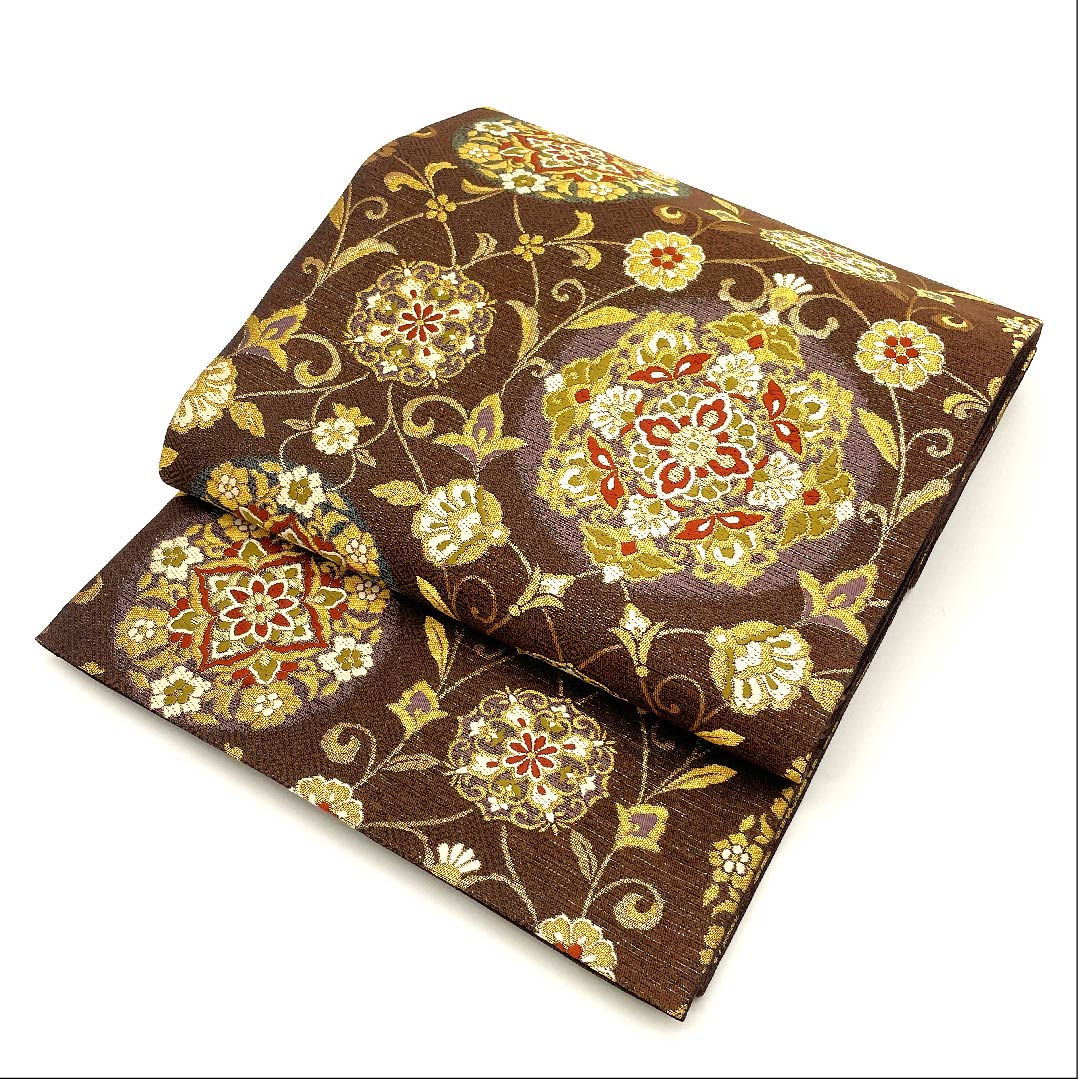 袋帯 濃茶色（こいちゃいろ） 古渡更紗 帯丈400cm 正絹 Sランク 六通 フォーマル 茶系 1123002842314
