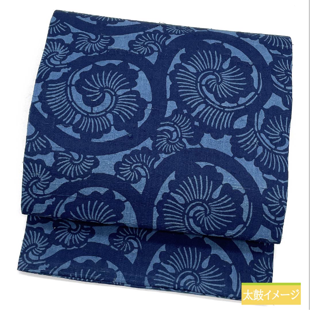 名古屋帯 正絹 裏色（うらいろ） 抽象草花模様 紬地 帯丈367cm Sランク 全通 カジュアル 青系 1124006392317 開き仕立て