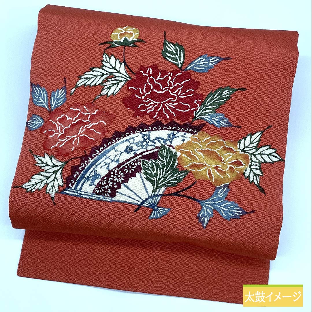 名古屋帯 正絹 似紅色（にせべにいろ） 扇 花 ちりめん 帯丈369cm Sランク ポイント柄 カジュアル 赤系 1124006402312 名古屋仕立て