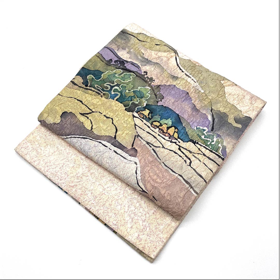 袋帯 薄桜色（うすざくらいろ） 風景画 染め帯 帯丈440.5cm 正絹 Bランク 六通 カジュアル ピンク系 1123005554313