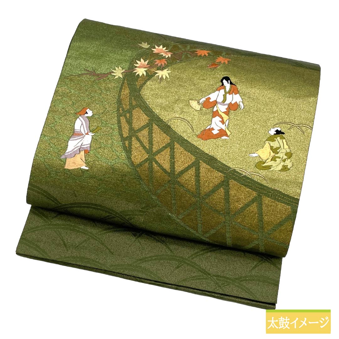 名古屋帯 正絹 Aランク 開き仕立て 青丹色（あおにいろ） 蘇州刺繍 古典柄 源氏物語 帯丈364cm ポイント柄 セミフォーマル 緑系 1124012563319