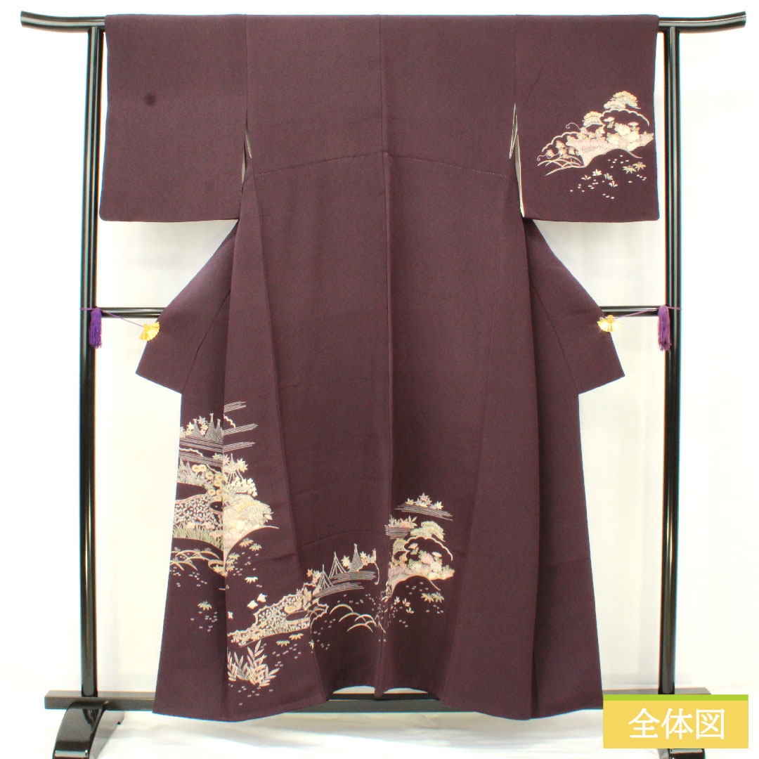 訪問着 正絹 袷 身丈154cm 裄丈62.5cm 茄子紺色（なすこんいろ） 京友禅 ちりめん地 吉祥文様 Aランク 紫系 1112005463220