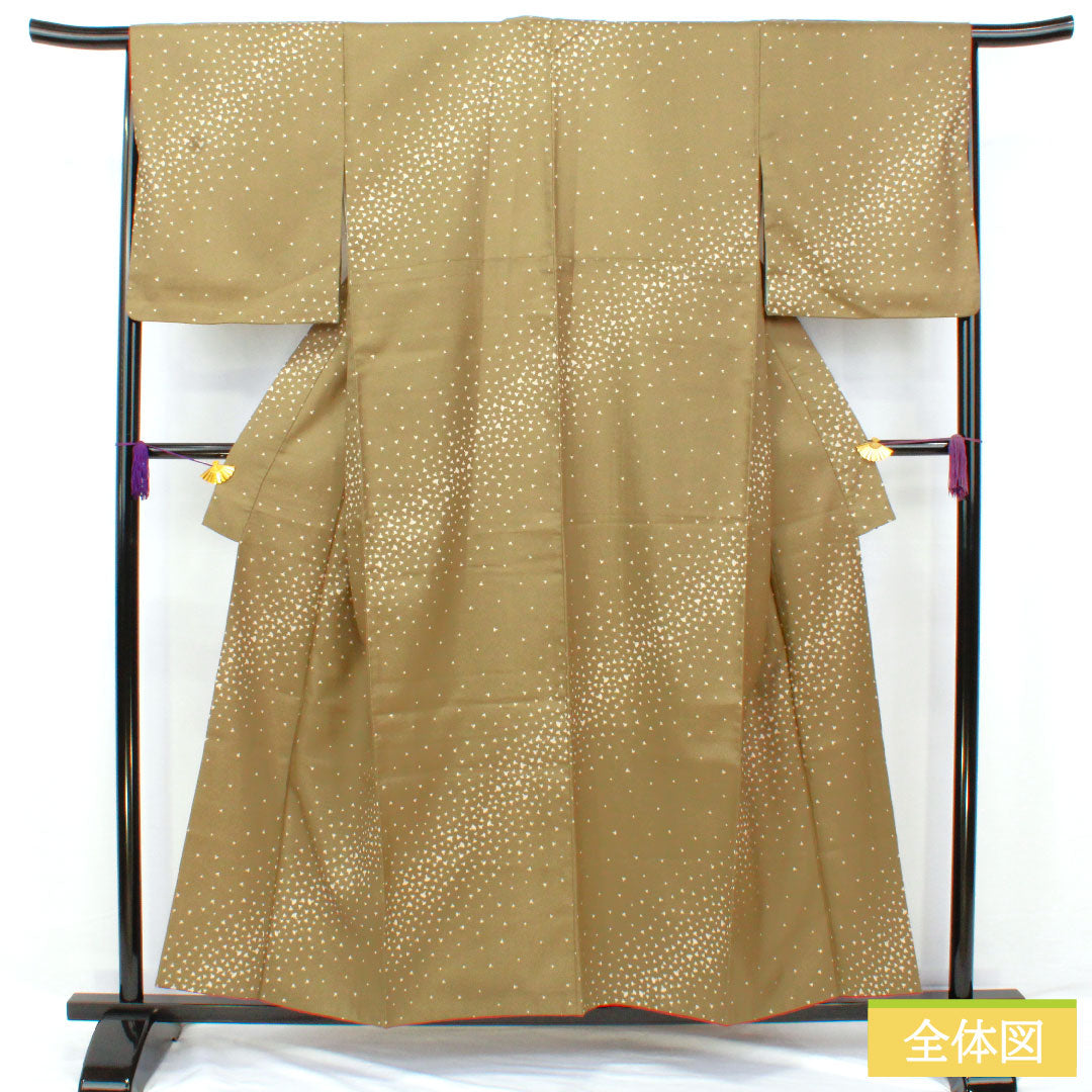 小紋 ポリエステル 身丈156cm 裄丈66.5cm 袷 古茶色（ふるちゃいろ） 洗える着物 扇 Sランク 緑系 1115004602319