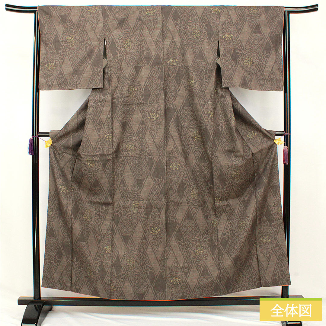 結城紬 正絹 身丈157.5cm 裄丈64.5cm  黝色 抽象模様 しつけ糸付き 未使用品 Sランク 袷 グレー系 1116003322322