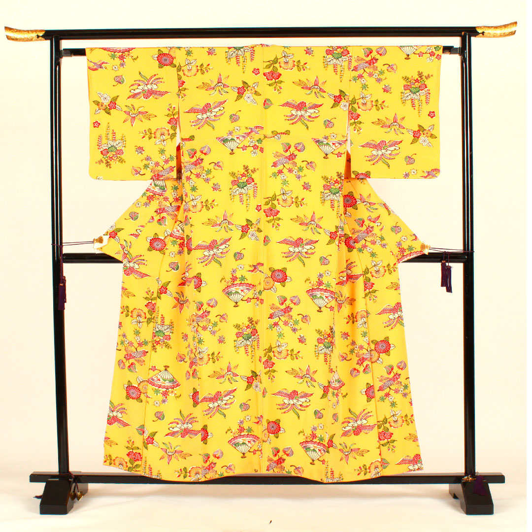 小紋 身丈156.5cm 裄丈64cm 袷  紅型  正絹 Aランク 黄系 1115002033323