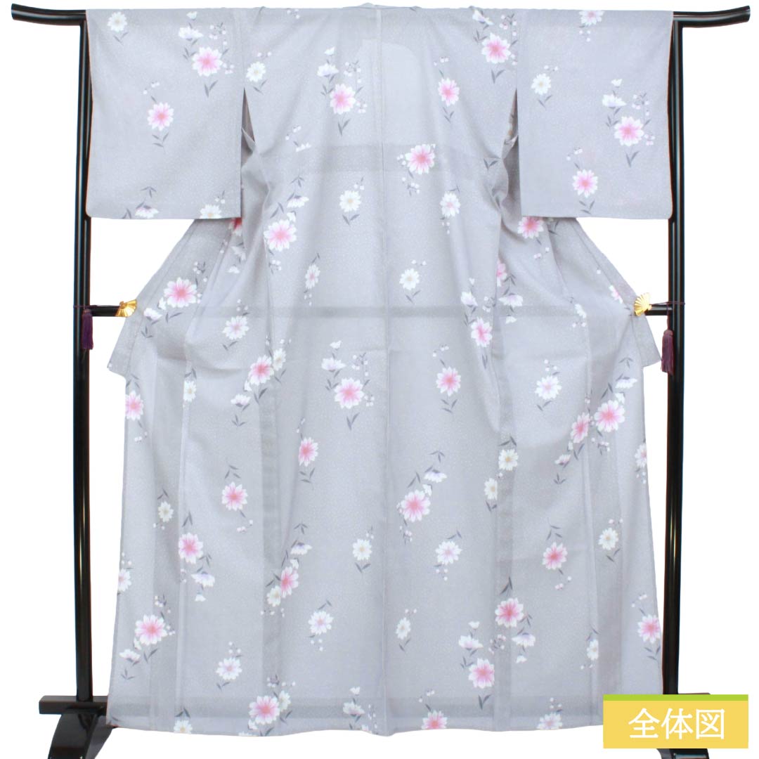 夏物 ポリエステル 小紋 Sランク 身丈164.5cm 裄丈66cm 水銀色（すいぎんいろ） 花柄 洗える着物 絽 グレー系 1132003592422