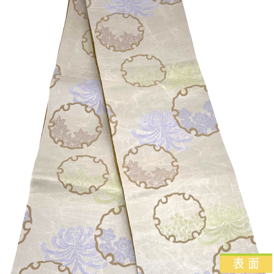 半幅帯 ポリエステル Sランク 灰白色（かいはくしょく） 糞色（ばばいろ） 雪輪 糸菊 花 小桜 帯丈398cm グレー系 1125005562322