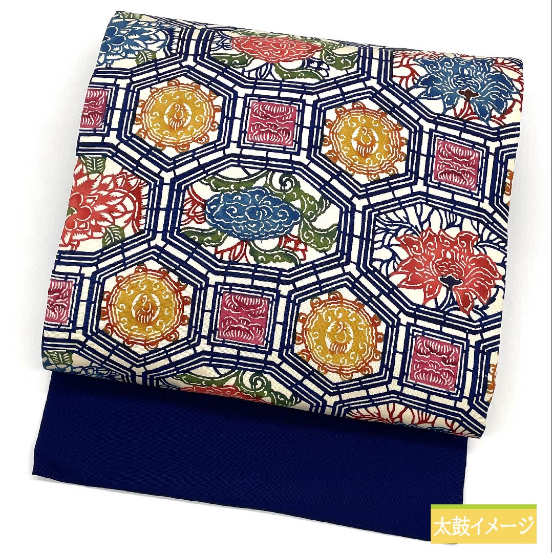 名古屋帯 紺桔梗色（こんききょういろ） 天井絵 帯丈367cm 正絹 Sランク 六通 カジュアル 紺系 1124006512318 名古屋仕立て