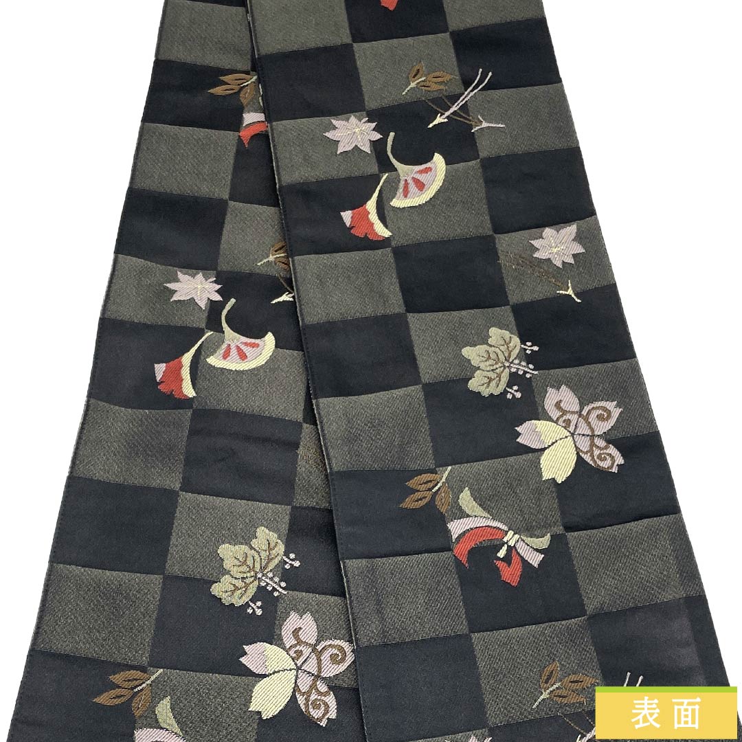 半幅帯 ポリエステル Sランク リバーシブル 市松 吹き寄せ柄 桜 帯丈392cm 黒系 1125004872310