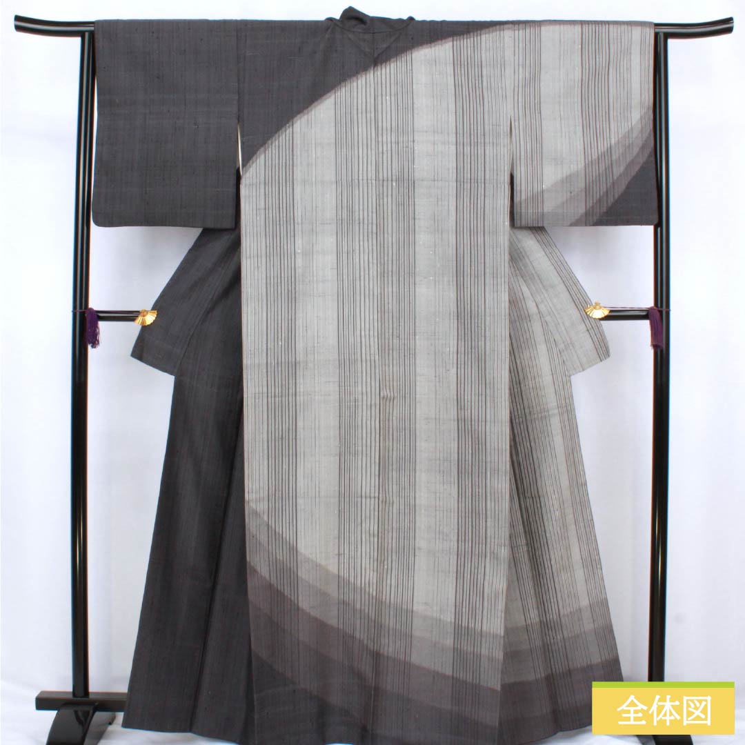 訪問着 正絹 Aランク 袷 身丈164.5cm 裄丈64cm 黝色（ゆうしょく） 紬地 縞 グレー系 1112006643422