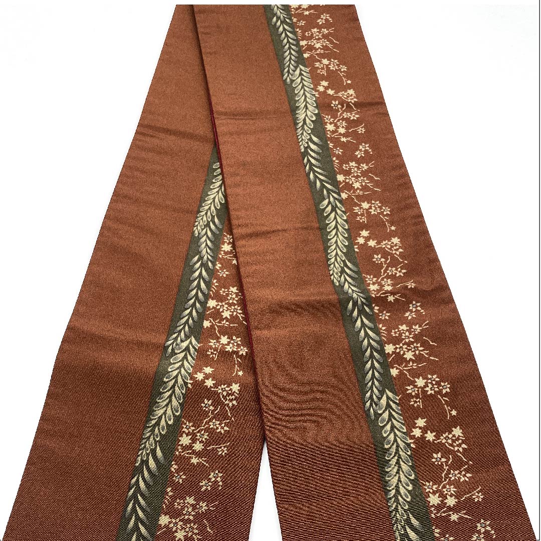 半幅帯 ポリエステル 紅檜皮色（べにひわだいろ） 紅葉 藤 植物模様 古典柄 帯丈388cm 茶系 Sランク 1125001172314