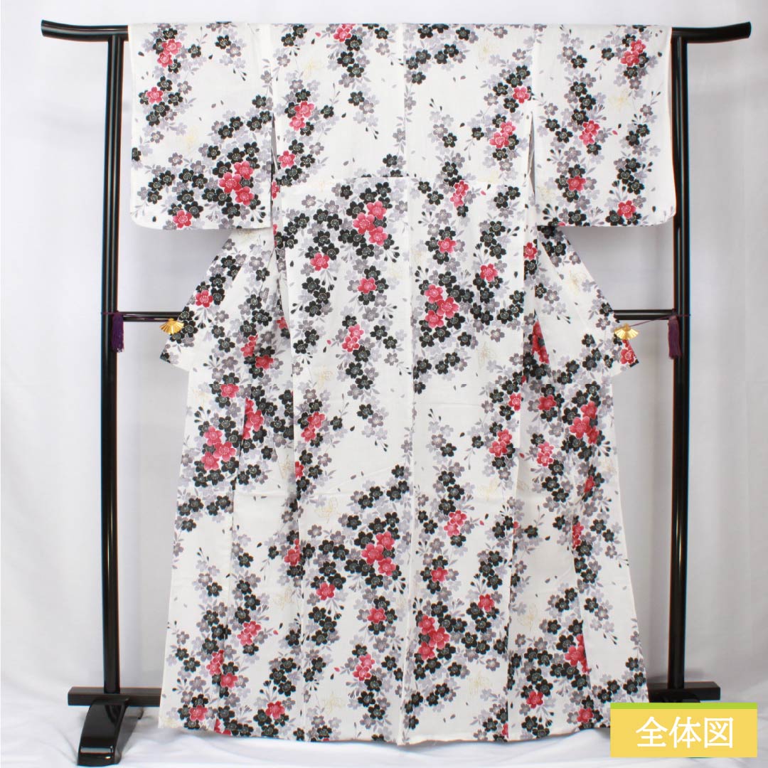 浴衣 木綿 身丈165.5cm 裄丈63.5cm Sランク 単衣 白系 桜 蝶 ラメ 1118006102511