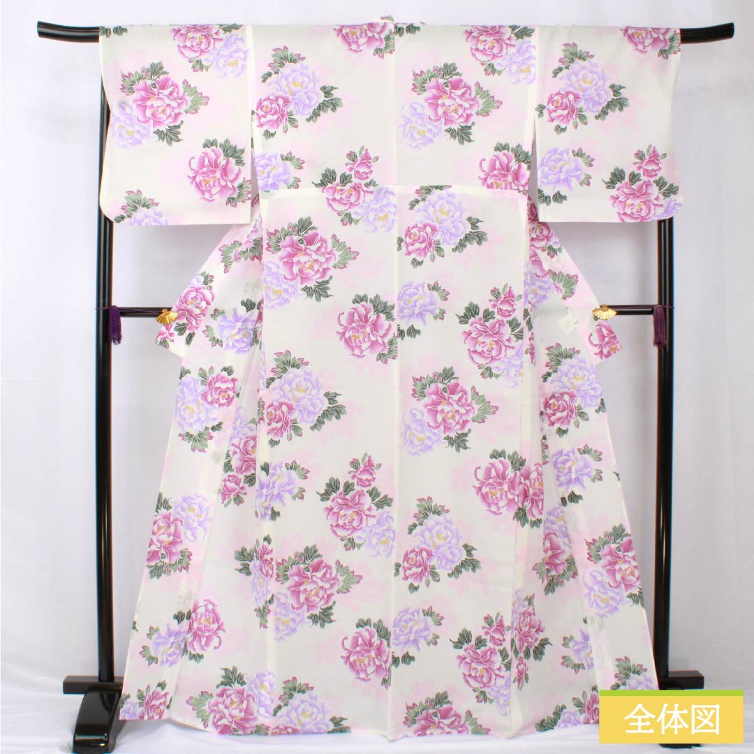 Yukata Polyester Length 166cm Sleeve length 69cm S rank Single layer White Peony Kimono Doraku 1118005352511