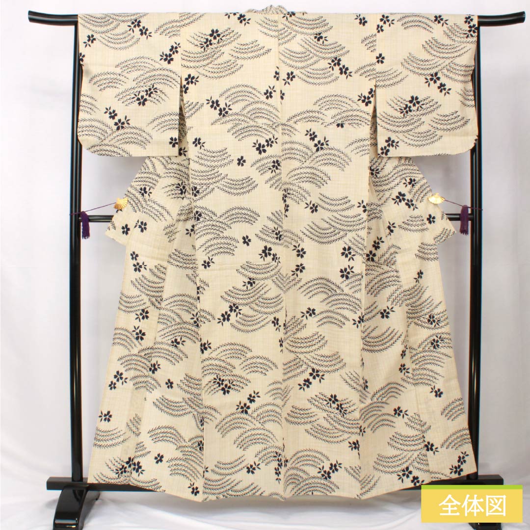 浴衣 木綿 身丈159cm 裄丈65cm Sランク 単衣 ベージュ系 桑色白茶色（くわいろしらちゃいろ） 笹 花 1118006252325