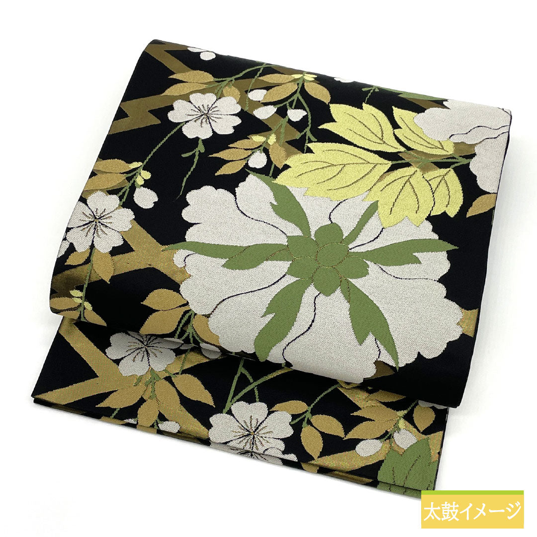 袋帯 正絹 Sランク 松菱 西陣織 花 作家物  帯丈438cm 六通 セミフォーマル 黒系 1123017372310