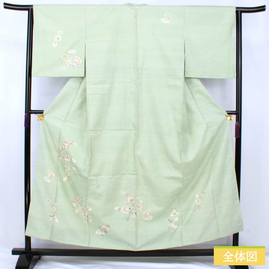訪問着 正絹 Aランク 袷 身丈155cm 裄丈61cm 薄緑色（うすみどりいろ） 牛首紬 一つ紋 中陰蔦 草花 緑系 1112007533319
