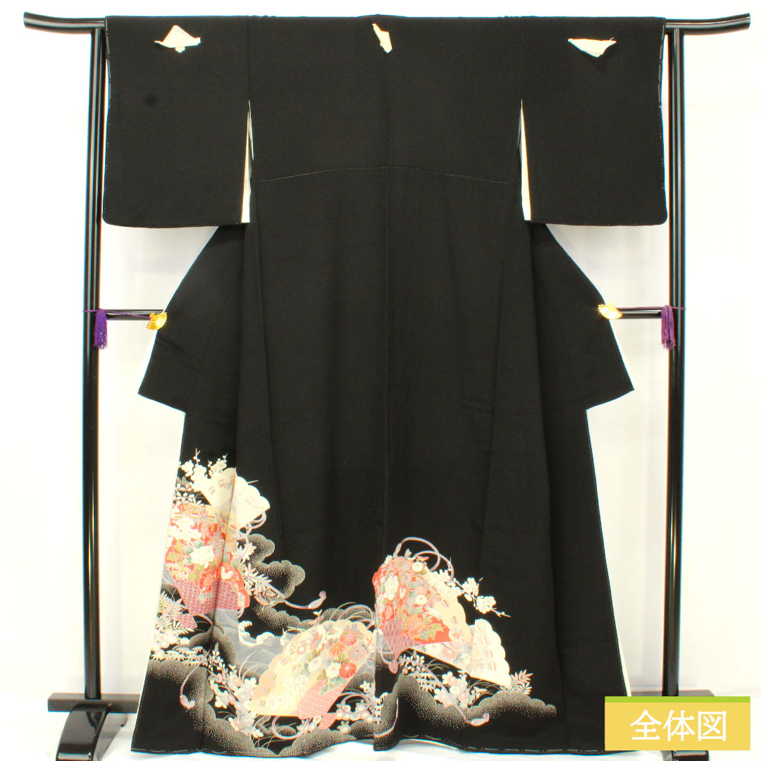 Black formal kimono, pure silk, length 164.5cm, sleeve length 63cm, lined, Kyoto yuzen, wave, fan, plum, five crests, five-three paulownia, A rank, black, 1111001523410