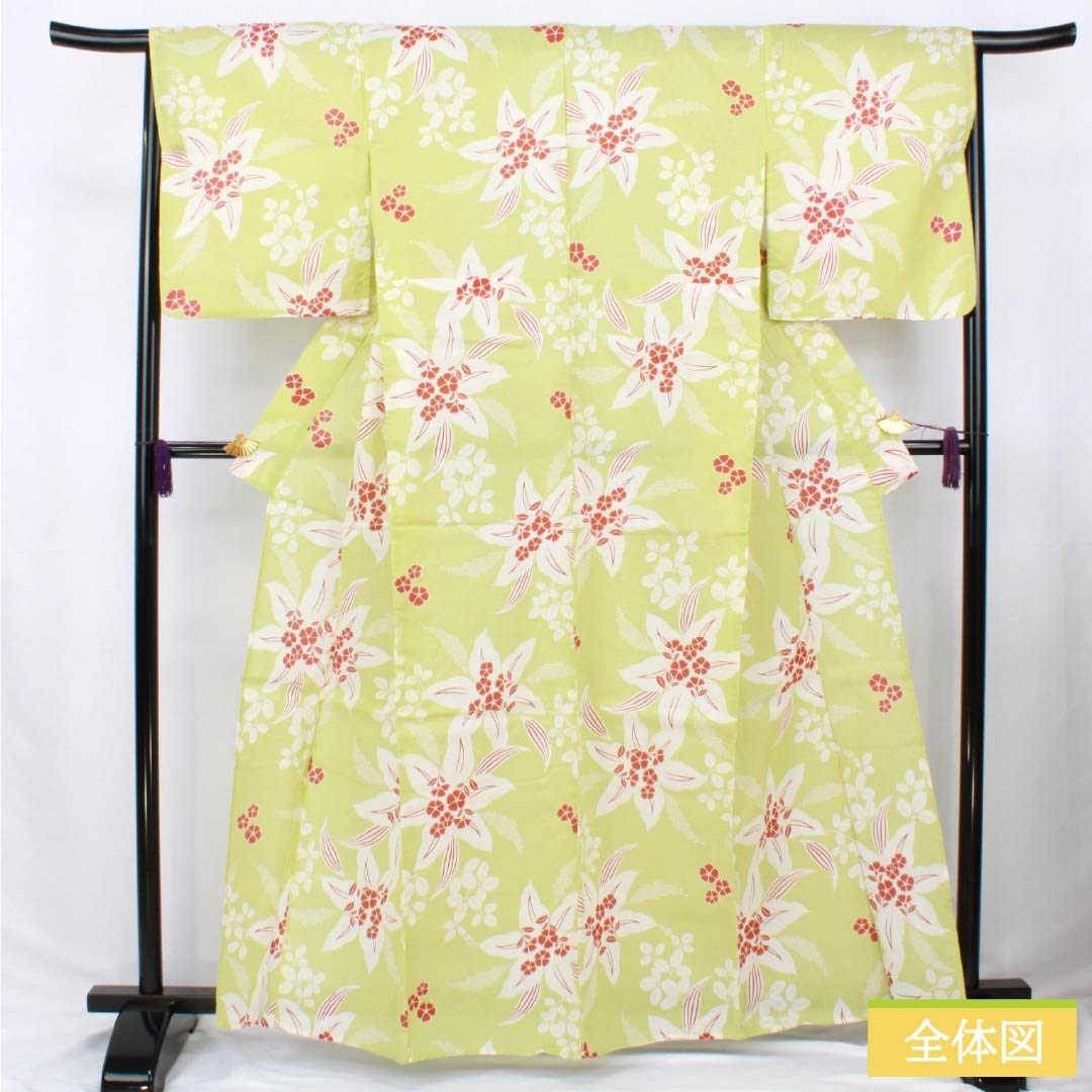 浴衣 木綿 身丈161.5cm 裄丈66cm Sランク 単衣 緑系 若芽色（わかめいろ） 百合 秋桜 1118006382419