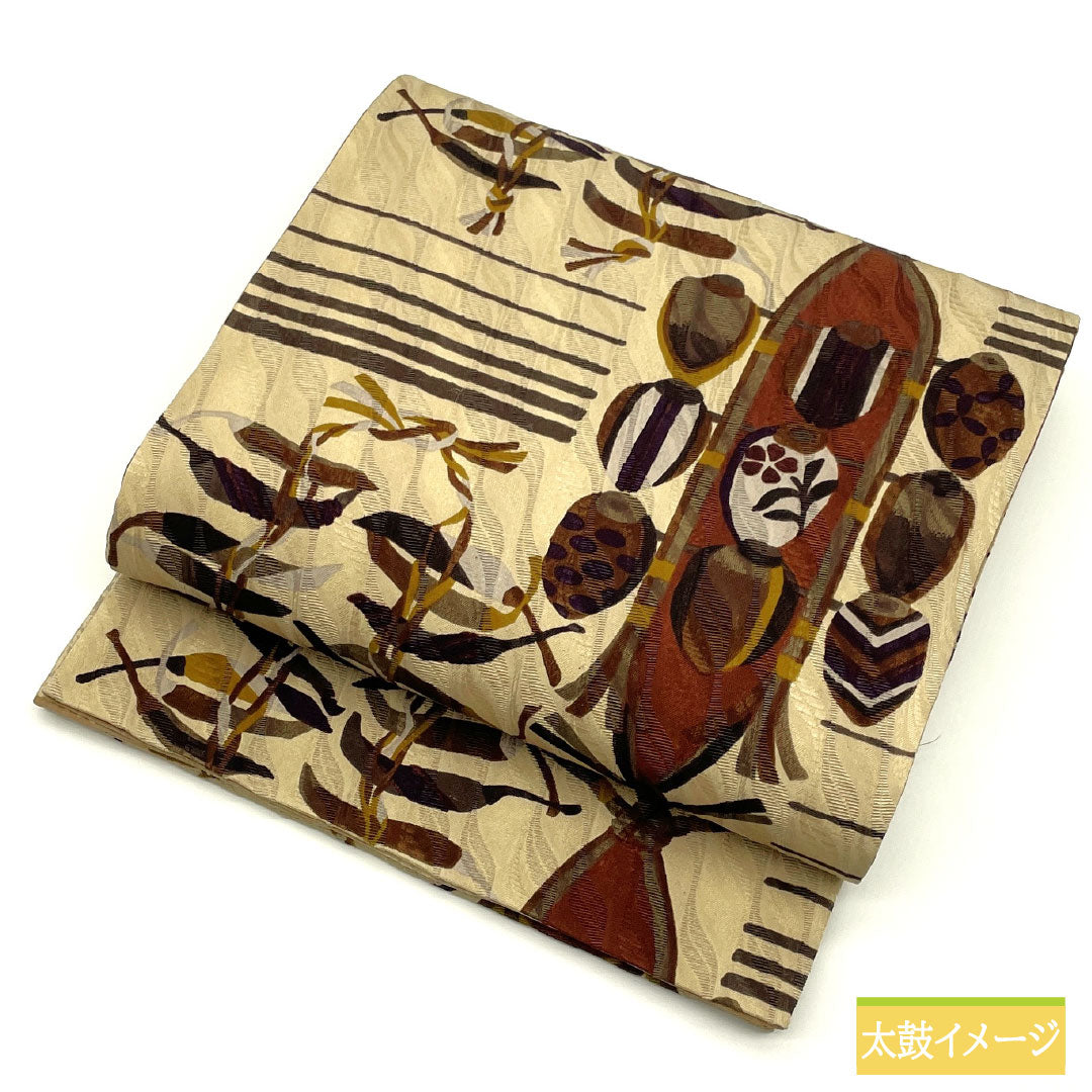 袋帯 正絹 Sランク 染め帯 リバーシブル 野菜 横段 帯丈458cm 全通 カジュアル ベージュ系 1123016392425