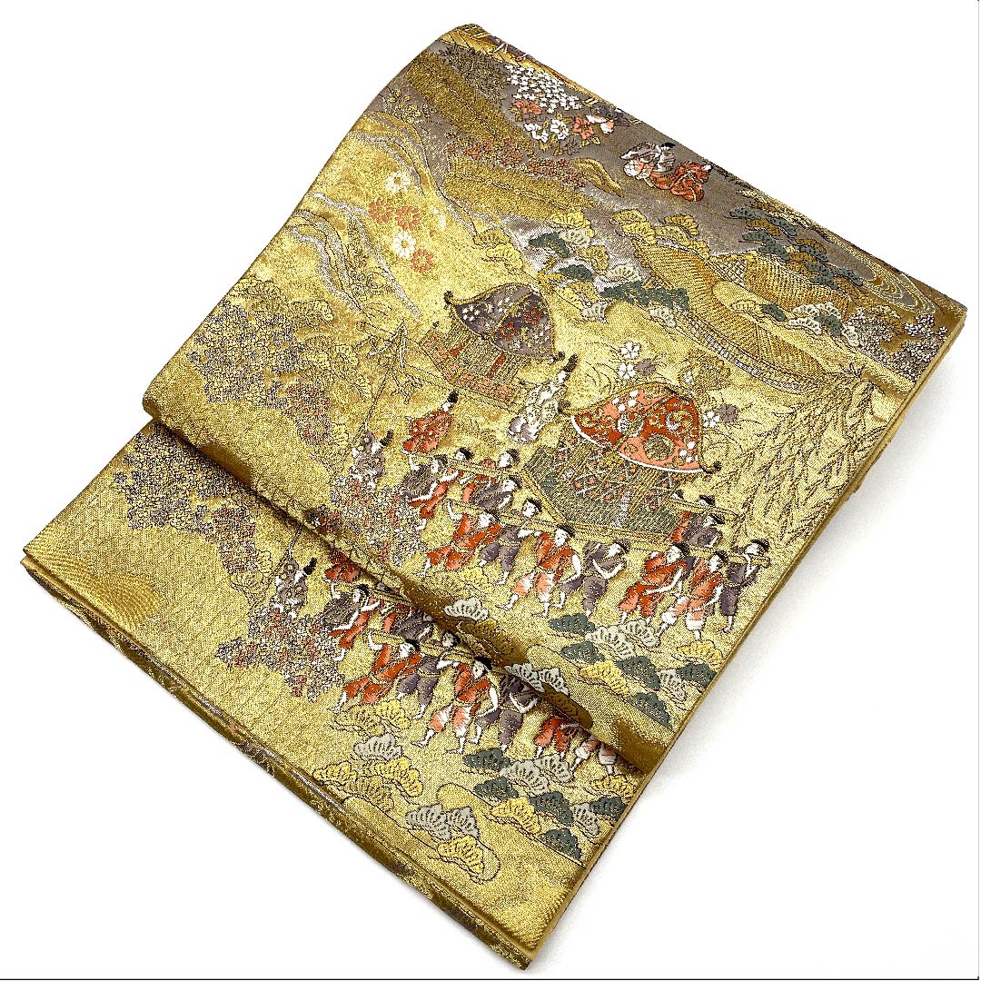 袋帯 金色 時代人物 時代風景 花模様 帯丈432cm 正絹 Aランク 六通 フォーマル 金系 1123006053321