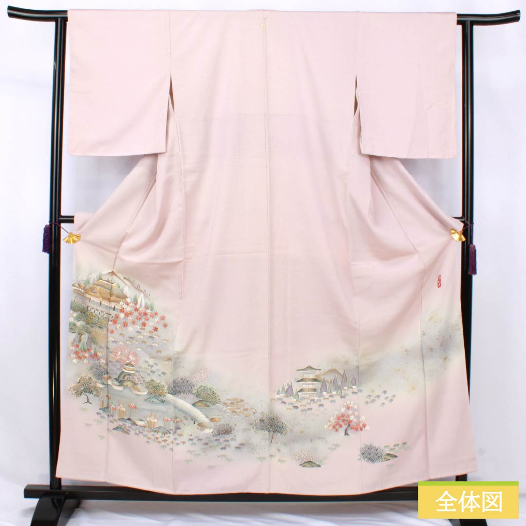 色留袖 正絹 Aランク 身丈157.5cm 裄丈62cm 袷 桜色（さくらいろ） 一つ紋 下り藤 京友禅 風景模様 作家物 しつけ糸付き 一つ紋 ピンク系 1111002003313