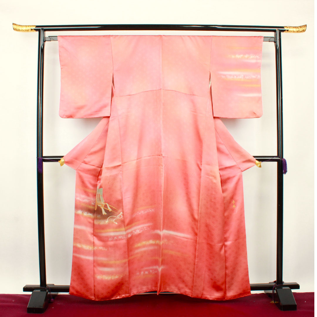 訪問着 袷 身丈161cm 裄丈63cm 中紅色 人間国宝 福田喜重 刺繍 御所車 正絹 Sランク 赤系 1112001882412